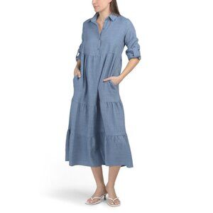 NEW MAX STUDIO LONDON Heather Long Sleeve Collar V-neck Tiered Maxi Dress